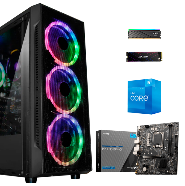 EQUIPO INTEL CORE I5 12400 - BOARD MSI PRO H610M-G WIFI - DDR5 16GB 6000MHz RGB - SSD M.2 512GB - CHASIS ATX X18 - 4 FANS