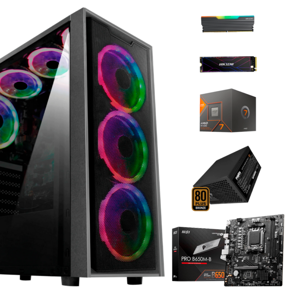 EQUIPO PC AMD RYZEN 7 8700G - BOARD MSI PRO B650M-B - FUENTE POWERGROUP 600W 80 PLUS BRONCE - DDR5 16GB 4800MHz RGB - M.2 NVME 512GB - CHASIS ATX Y6 - 7 FANS