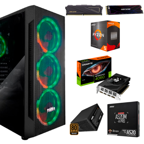 EQUIPO AMD RYZEN 5 5600X - BOARD MSI PRO  A520M-A - DDR4 16GB 3200MHZ - SSD M.2 512GB - T.V GIGABYTE GEFORCE RTX 4060 8GB -FUENTE P-G 600W 80 PLUS BRONZE - CHASIS ATX L46 - 4 FANS
