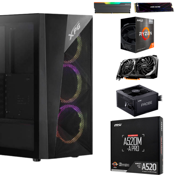 EQUIPO AMD RYZEN 7 5700X - BOARD MSI PRO  A520M-A- DDR4 16GB 3200MHZ RGB- SSD M.2 512GB - T.V MSI RTX 3050 6GB -FUENTE P-G 600W 80 PLUS BRONZE - CHASIS ATX XPG LANDER 500 - 6 FANS