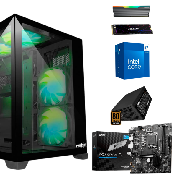 EQUIPO INTEL CORE I7 14700 - BOARD MSI PRO B760M-G - DDR4 16GB 3200MHz RGB- SSD M.2 512GB - VENTILADOR A-400LF - FUENTE  P-G 600W 80 PLUS BRONCE - CHASIS ATX W78