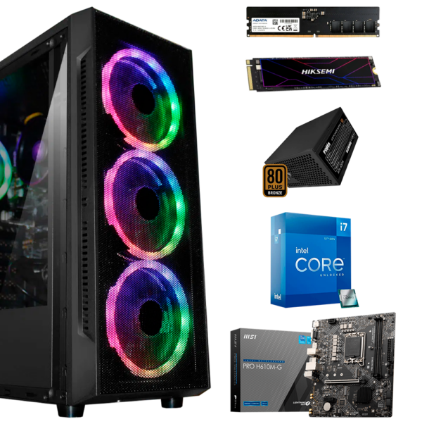 EQUIPO INTEL CORE I7 12700 - BOARD MSI PRO H610M-G WIFI - DDR5 16GB 4800MHz - SSD M.2 512GB - FUENTE  P-G 600W 80 PLUS BRONCE - CHASIS ATX X18 - 4 FANS