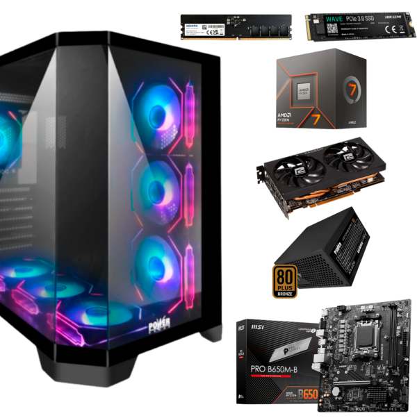 EQUIPO AMD RYZEN 7 8700F - BOARD MSI PRO  B650M-B - DDR5 16GB 4800MHZ - SSD M.2 512GB - T.V POWER COLOR RX 7600 8GB -FUENTE P-G 600W 80 PLUS BRONZE - CHASIS ATX W75 - 7 FANS