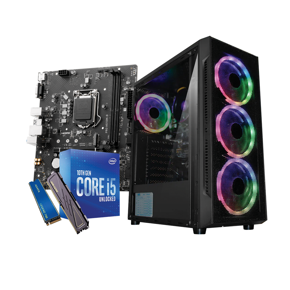 EQUIPO INTEL CORE I5 10400T - BOARD MSI PRO H510M-B -II - FUENTE NOMINAL 350W - DDR4 8GB 3200MHz - SSD M.2 250GB PCIe - VENTILADOR A-400C P-G - CHASIS ATX X18 - 4 FANS