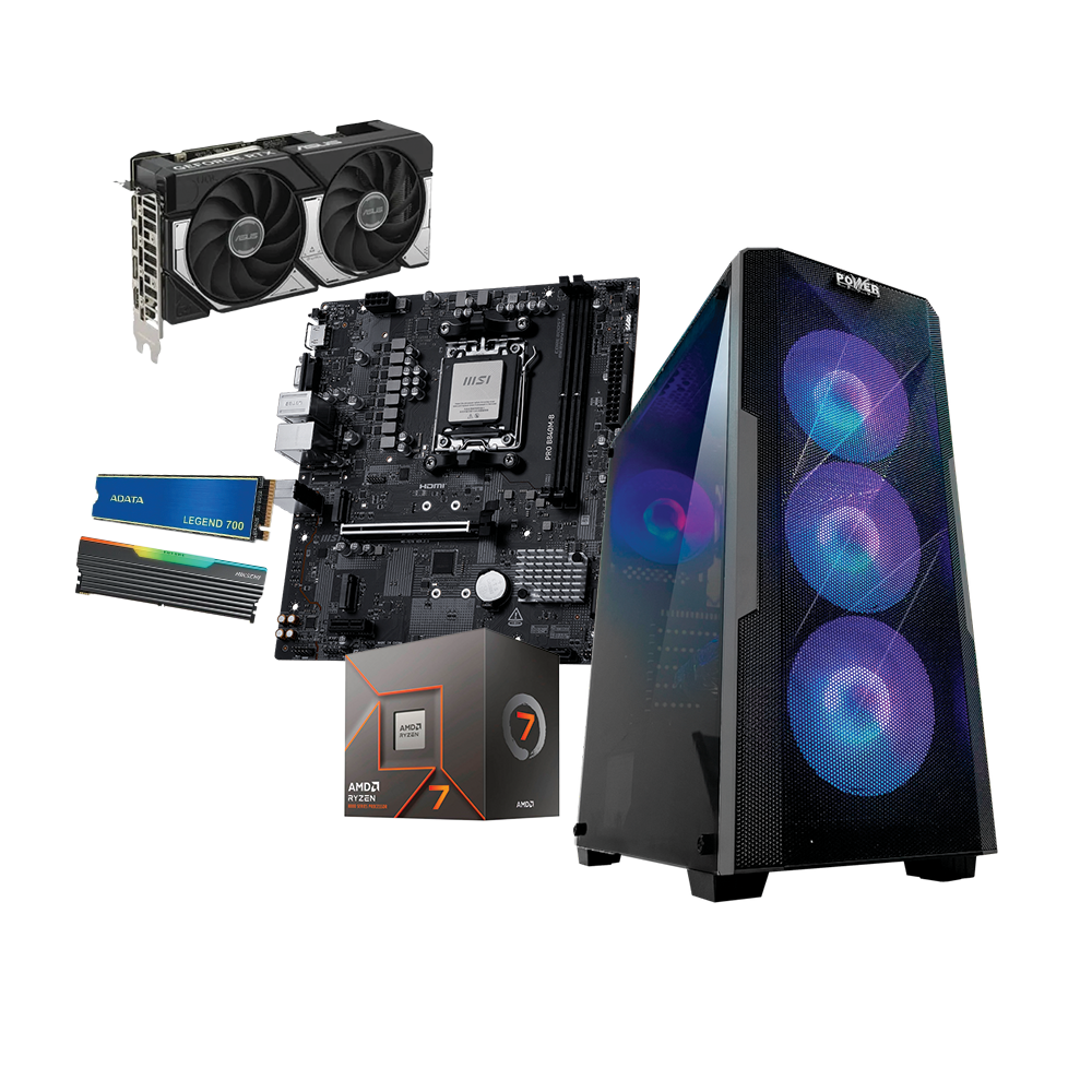 EQUIPO AMD RYZEN 7 8700F - BOARD MSI PRO B840M-B / ASUS PRIME B650M-F - FUENTE DE PODER 600W 80 PLUS BRONCE -DDR5 16GB 6000MHz RGB- SSD M.2 512GB - T.V MSI GEFORCE/ ASUS DUAL RTX 5060 8GB -CHASIS ATX - 4 FANS